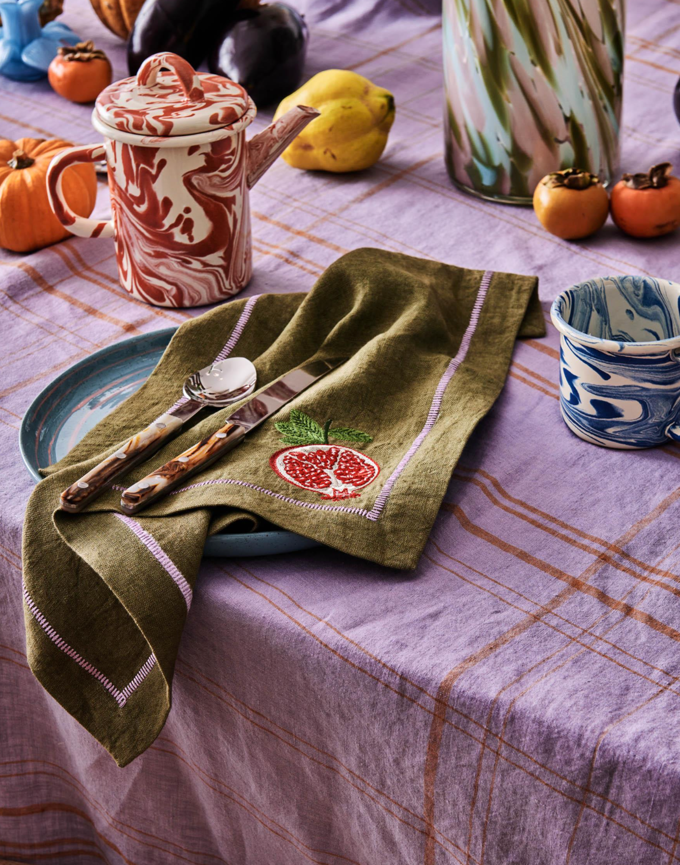 Kip & Co - Autumn Fruits Embroidered 4pc Linen Napkin Set