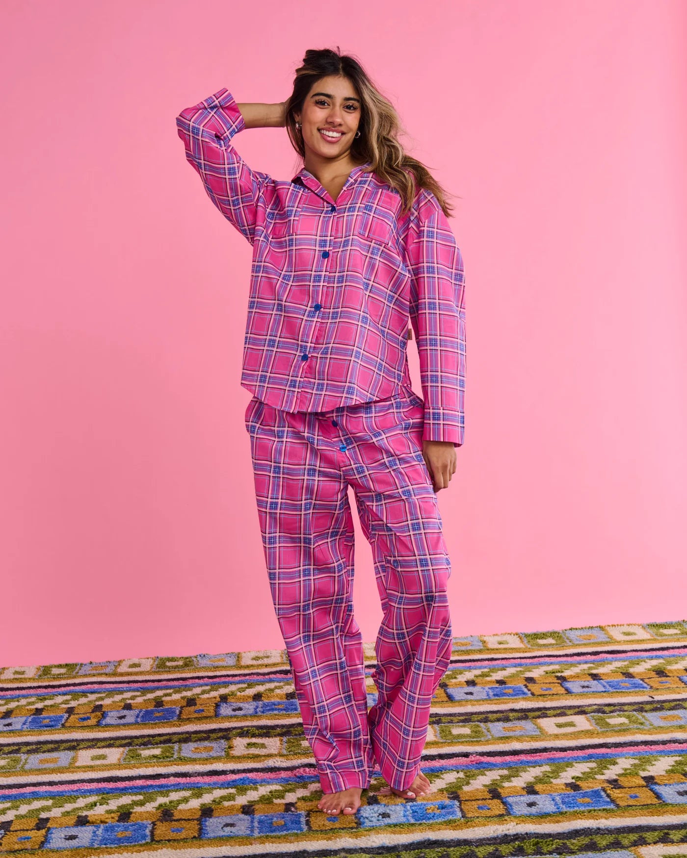 Kip & Co - Pinky Tartan Organic Cotton Long Sleeve Shirt & Pant Pyjama Set - The Ivy Room Adelaide