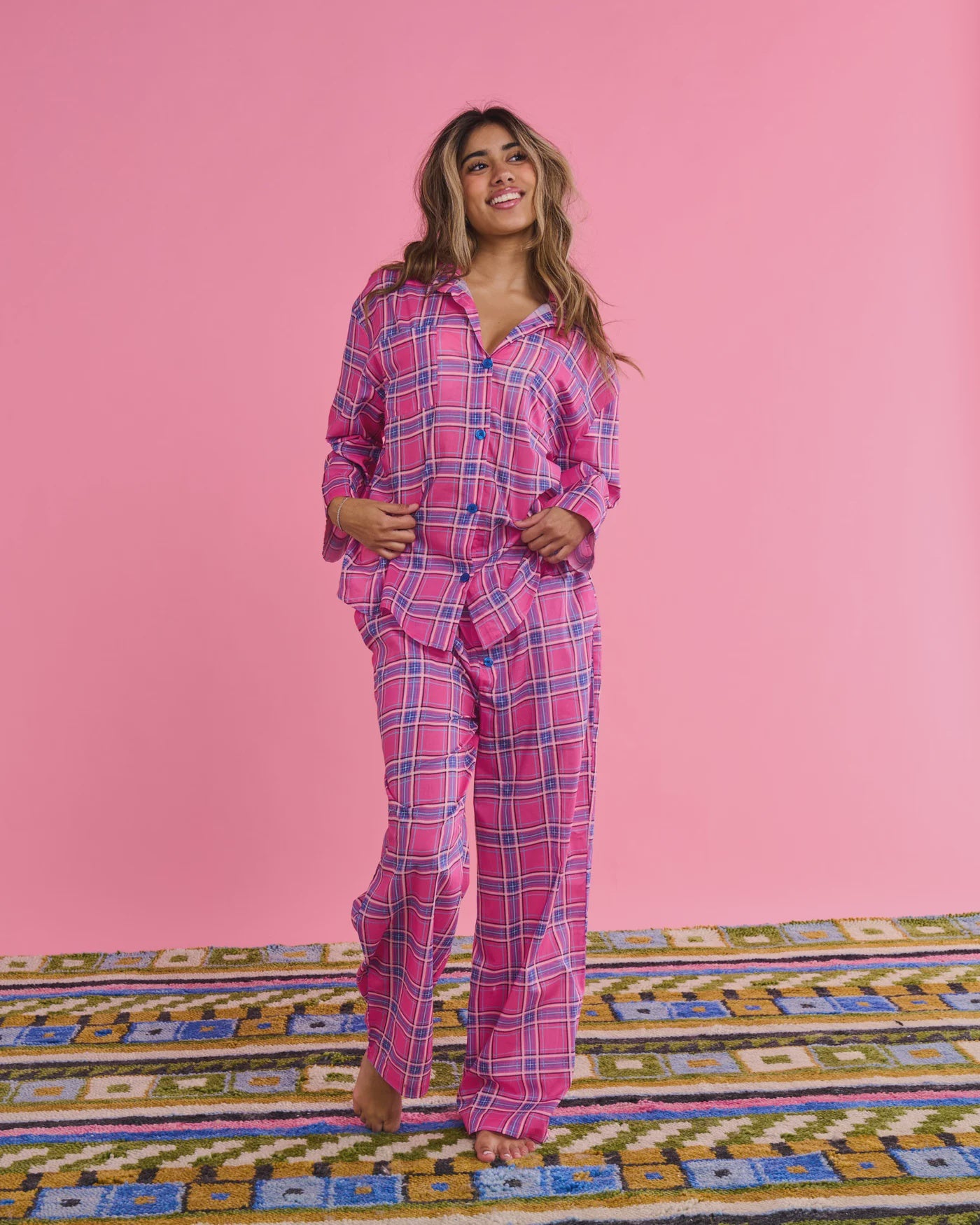 Kip & Co - Pinky Tartan Organic Cotton Long Sleeve Shirt & Pant Pyjama Set - The Ivy Room Adelaide