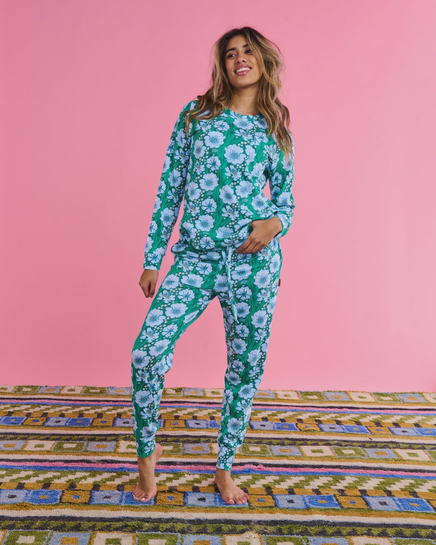 Kip & Co - Tumbling Flowers Green Organic Cotton Long Sleeve Pyjama Top & Slouch Pant Set - The Ivy Room Adelaide