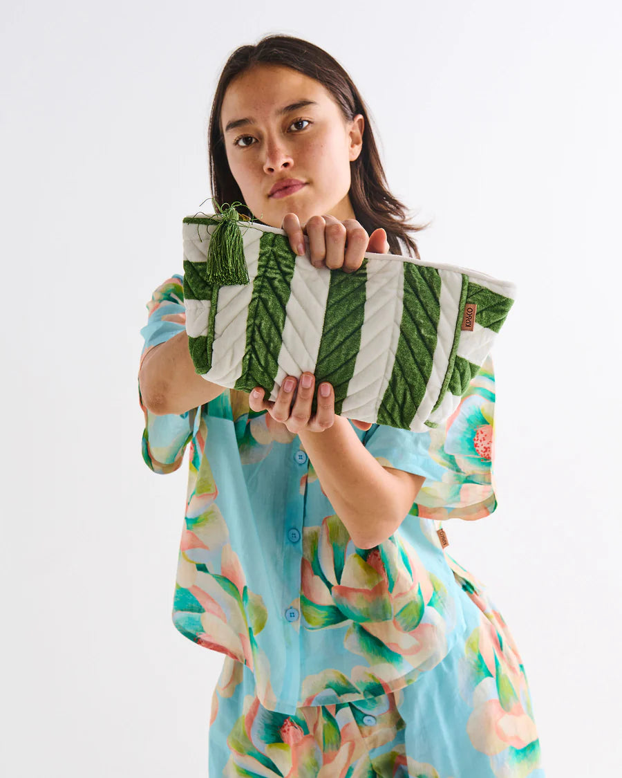 Kip & Co - Moss Stripe Velvet Toiletry Bag - The Ivy Room Adelaide