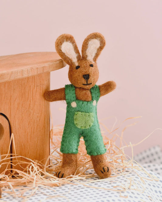 Tara Treasures - Felt Brown Hare Rabbit with Green Overalls - The Ivy Room Adelaide