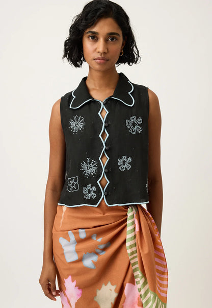 Nancybird - Tuva Vest / Charcoal Embroidered