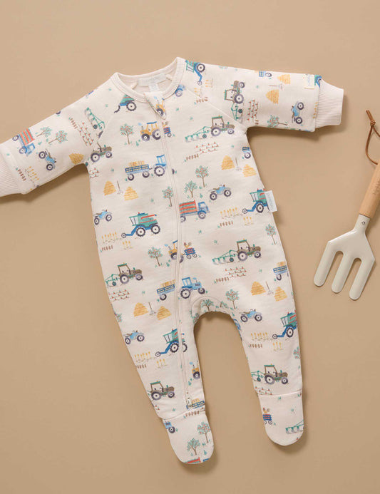 Pure Baby - Fleece Zip Growsuit White Farm Vehicles