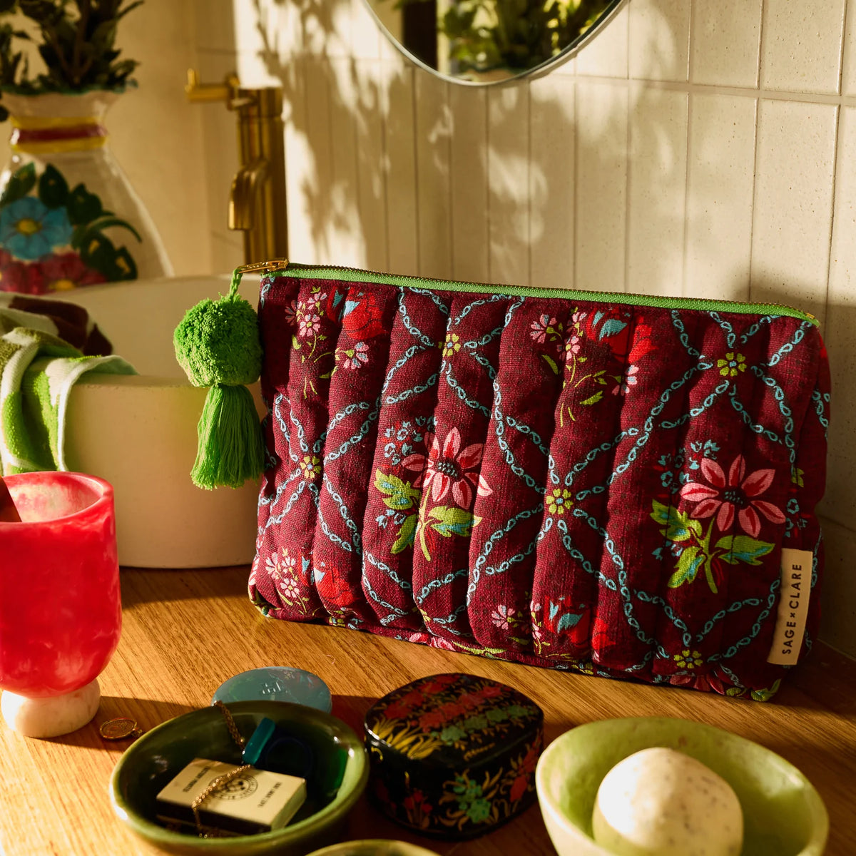 Sage x Clare - Norali Quilted Cosmetic Bag / Sienna