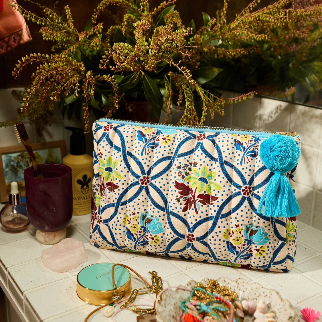Sage x Clare - Norali Quilted Cosmetic Bag / Ecru