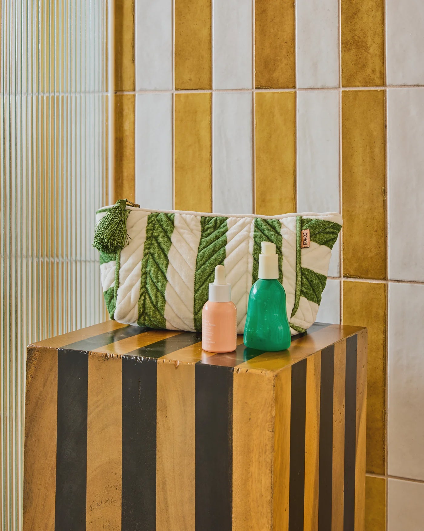 Kip & Co - Moss Stripe Velvet Toiletry Bag - The Ivy Room Adelaide