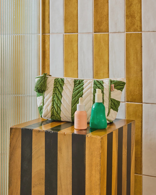 Kip & Co - Moss Stripe Velvet Toiletry Bag - The Ivy Room Adelaide