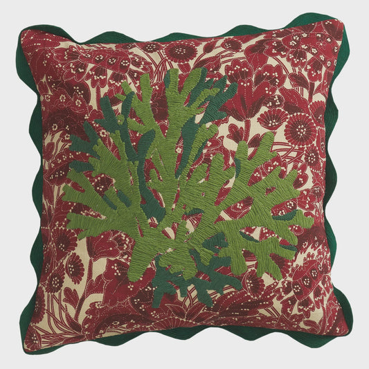 Sage x Clare - Lucia Embroidered Cushion / Crimson