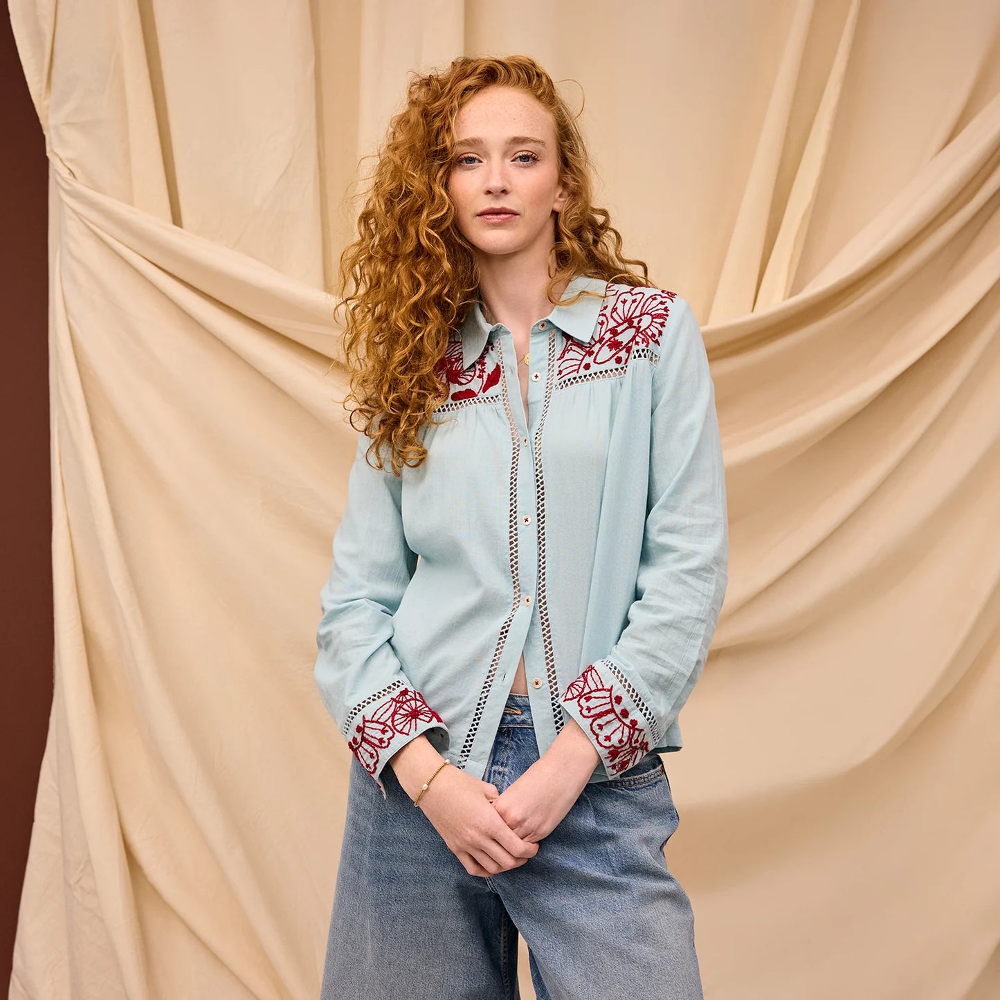 Sage x Clare - Vivianna Embroidered Shirt Cerulean