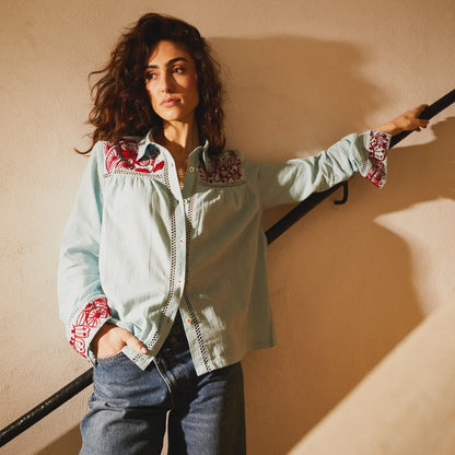 Sage x Clare - Vivianna Embroidered Shirt Cerulean