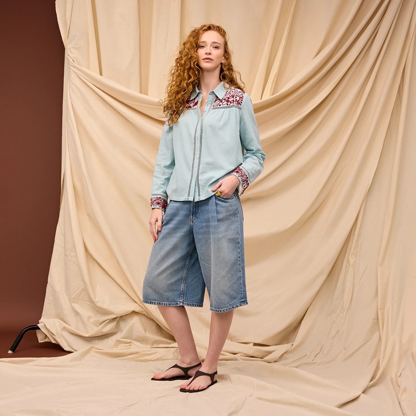 Sage x Clare - Vivianna Embroidered Shirt Cerulean