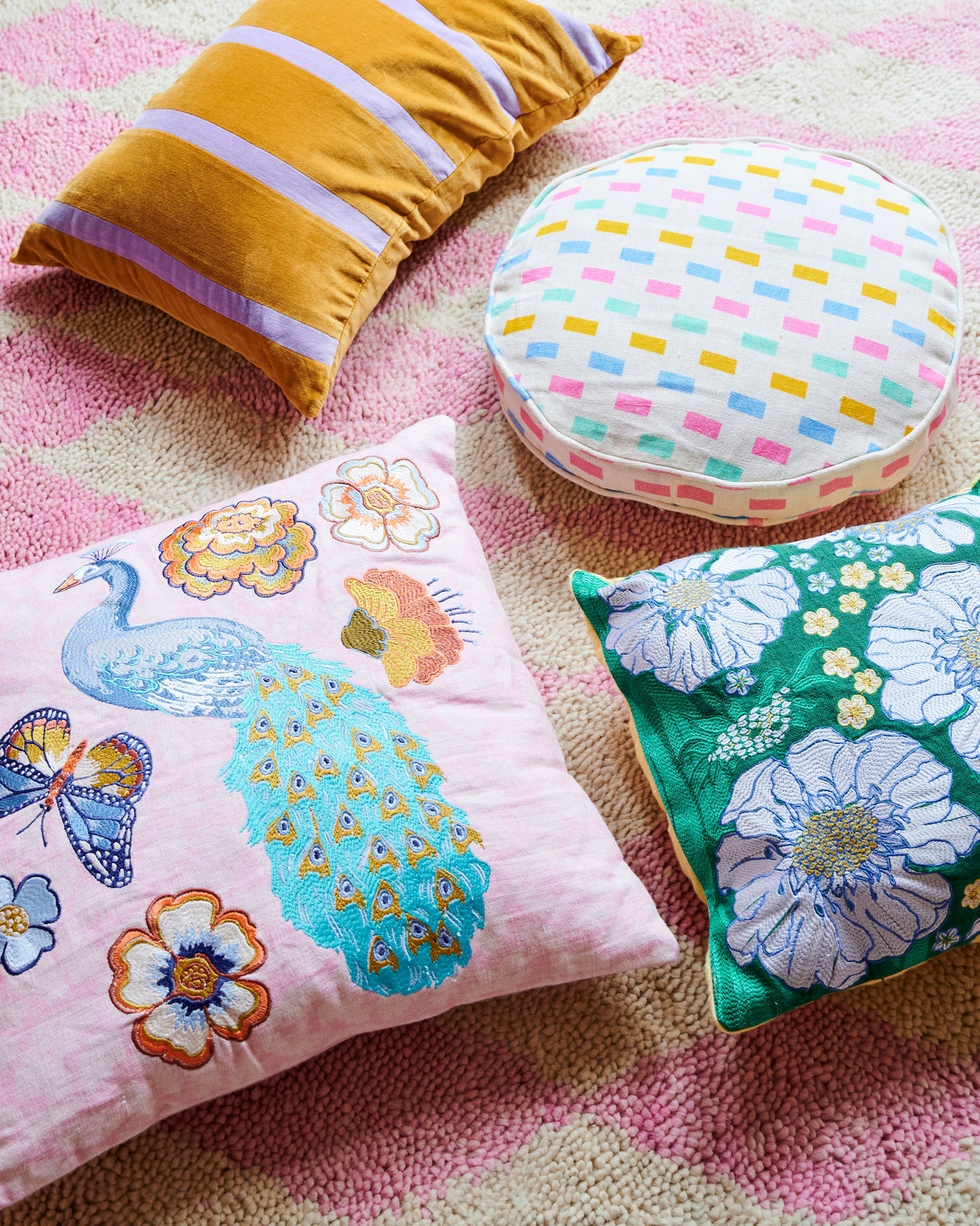 Kip & Co - Tumbling Flowers Green Embroidered Cushion